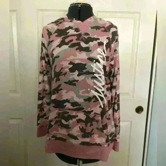 JUSTICE camo pink gray white long sleeve knit hoodie youth 14-16 - Picture 2 of 6